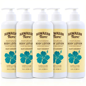 Hawaiian Tropic front packaging showing five 380ml bottles and benefits