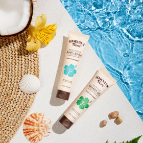 Hawaiian Tropic products on beach-themed rack evoking tropical guest experience