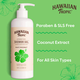 Hawaiian Tropic bottle attached to shower tile by magnetic mount for tidy storage