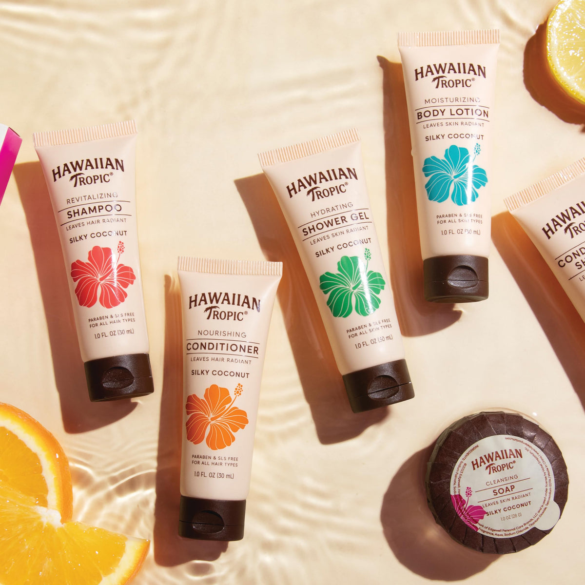 Hawaiian Tropic tubes next to passport showing TSA-friendly travel size