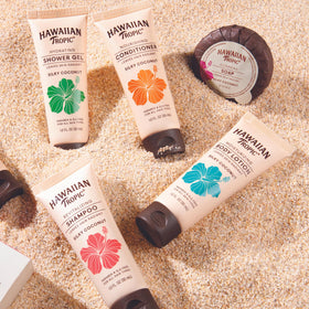Hawaiian Tropic tube close-up highlighting texture and easy-squeeze benefit