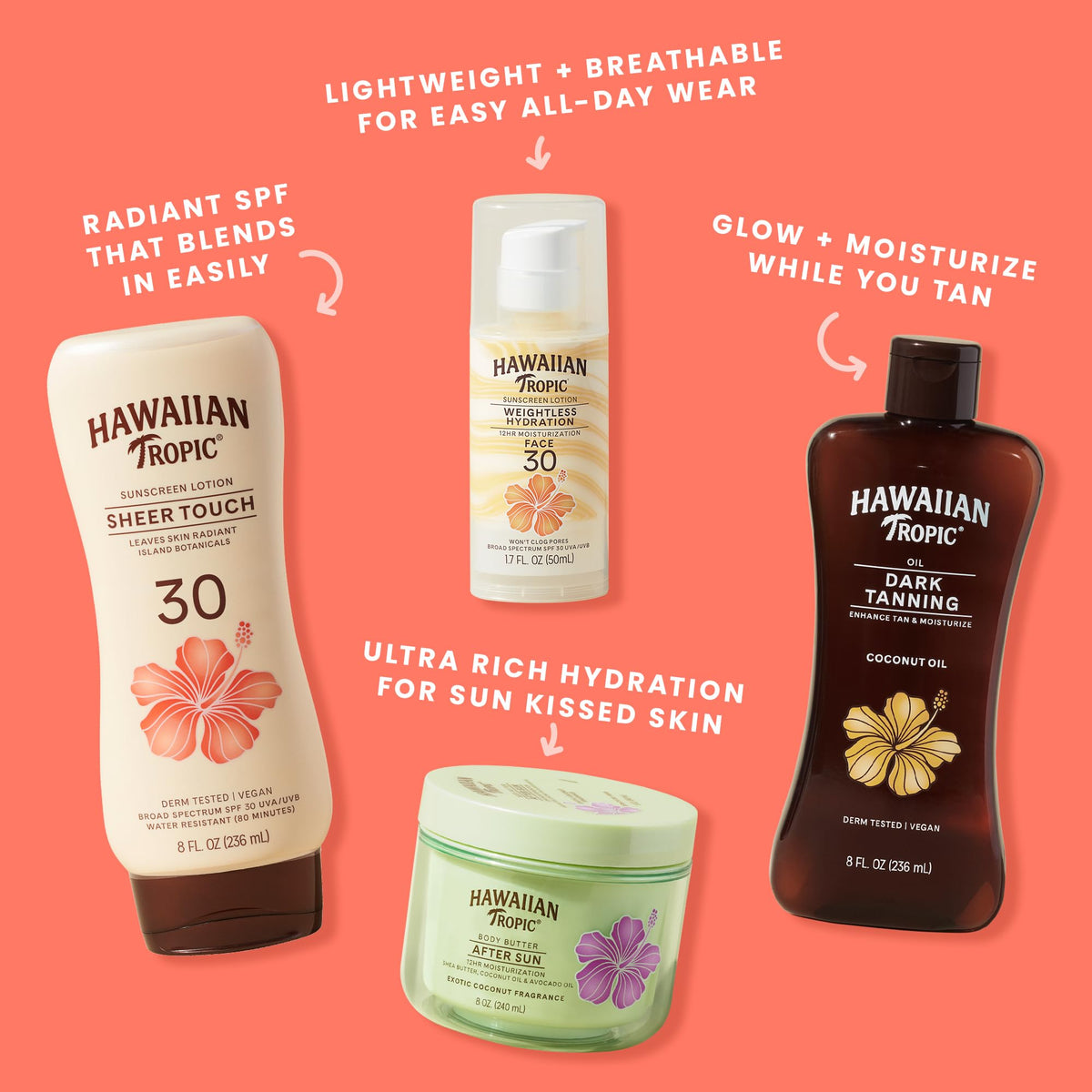 Hawaiian Tropic tube next to a hand showing compact travel-size benefit