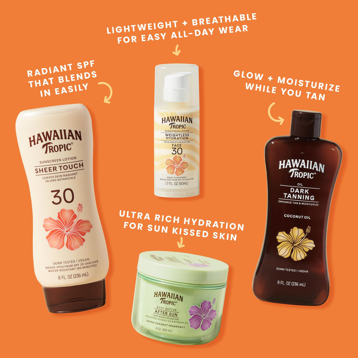 Hawaiian Tropic bottle next to sunglasses illustrating travel-friendly 6 oz size