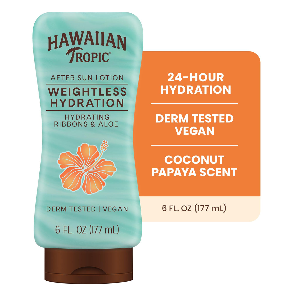 Hawaiian Tropic next to sunglasses showing 6 fl oz bottle scale