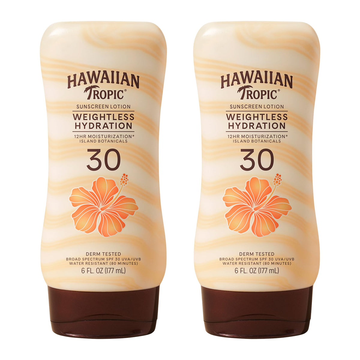 Hawaiian Tropic front packaging twin pack showing sunscreen convenience and protection
