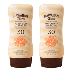 Hawaiian Tropic front packaging twin pack showing sunscreen convenience and protection