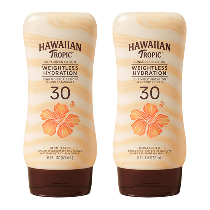 Hawaiian Tropic front packaging twin pack showing sunscreen convenience and protection