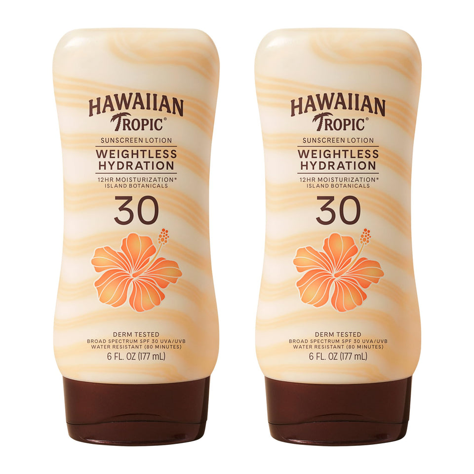 Hawaiian Tropic front packaging twin pack showing sunscreen convenience and protection