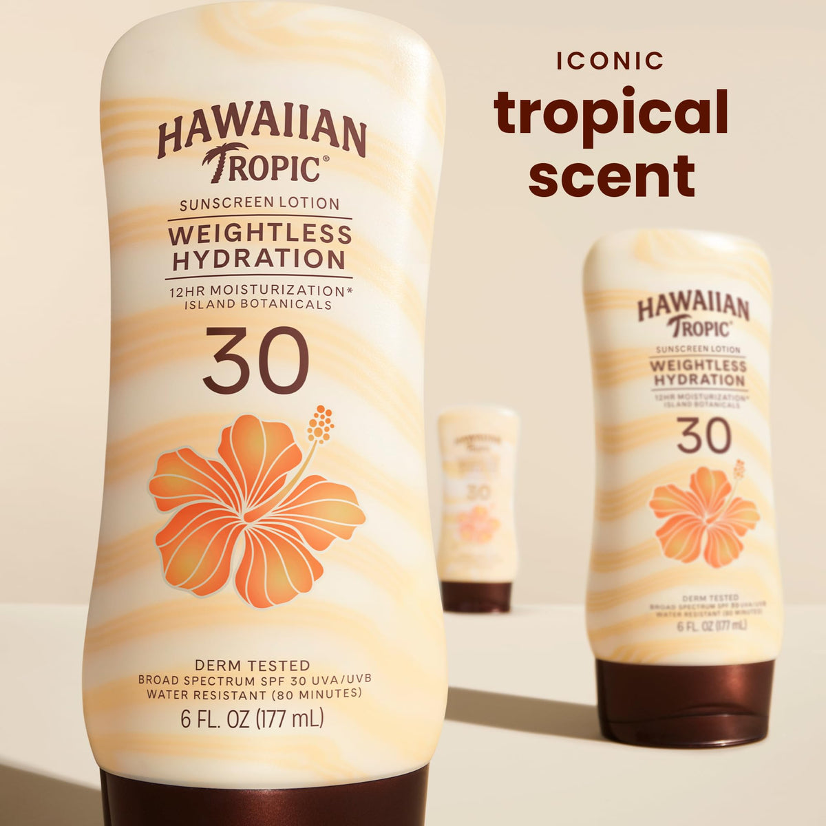Hawaiian Tropic bottle pump close-up highlighting easy dispensing and mess-free use