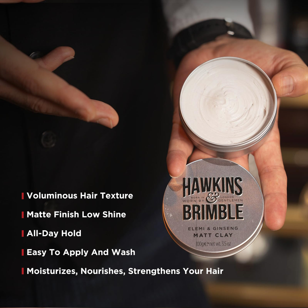 Hawkins & Brimble applying clay to palms demonstrating even distribution and effortless styling