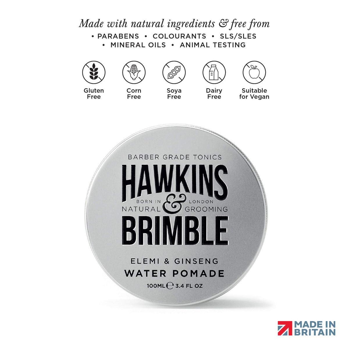 Hawkins & Brimble ingredient label close-up showing elemi and ginseng benefits