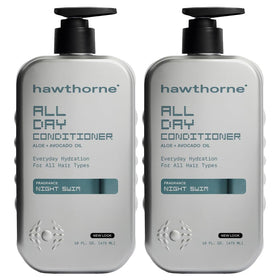 Hawthorne conditioner front packaging showing 16 fl oz bottle and Night Swim scent benefit hydration