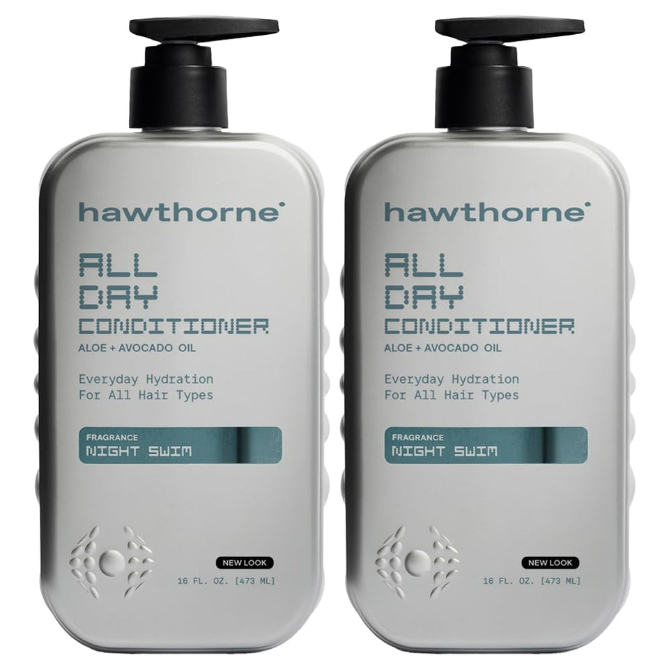 Hawthorne conditioner front packaging showing 16 fl oz bottle and Night Swim scent benefit hydration