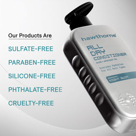 Hawthorne conditioner ingredients array with argan and coconut oils showing nourishing benefit