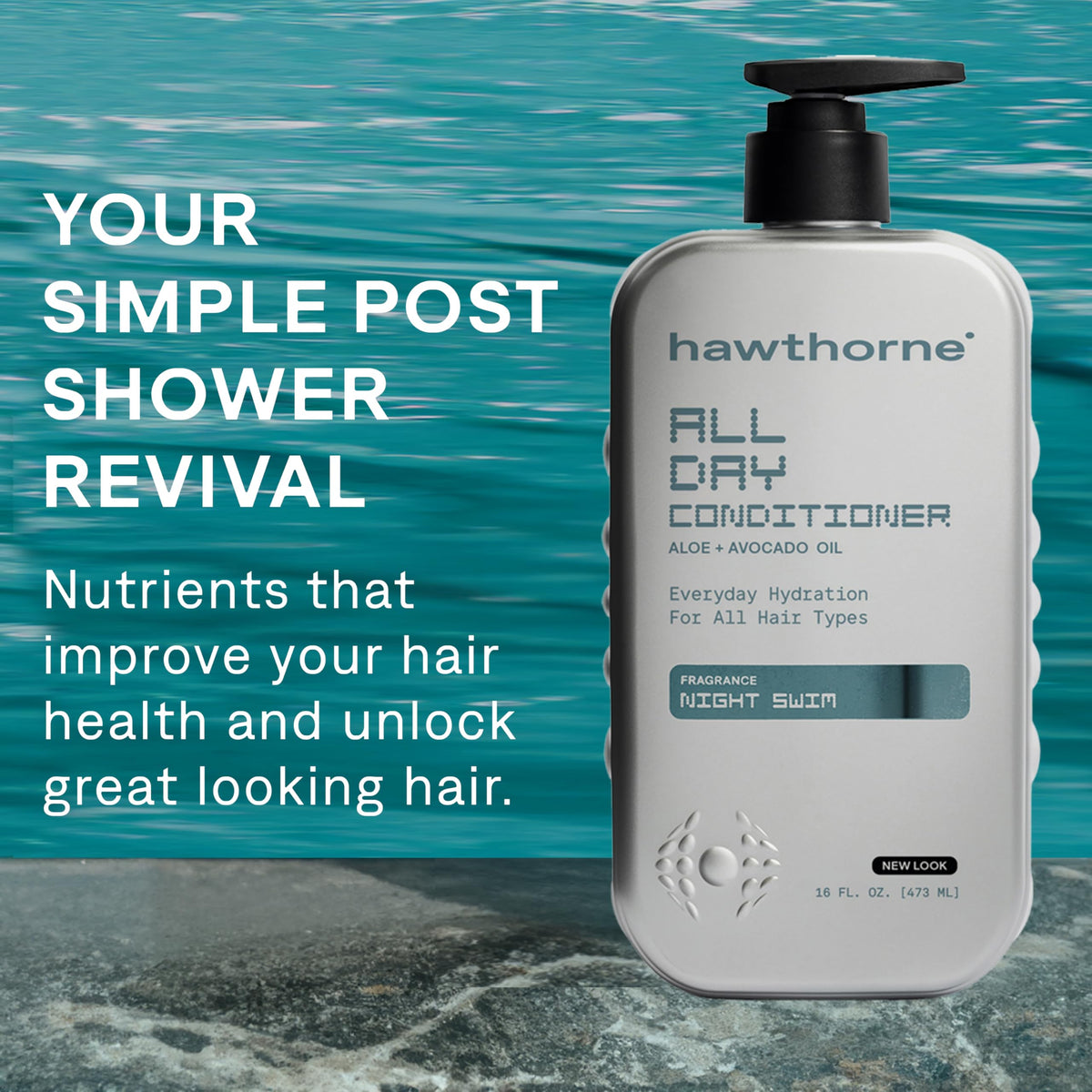 Hawthorne conditioner pump and label detail highlighting clean formula and scent benefit