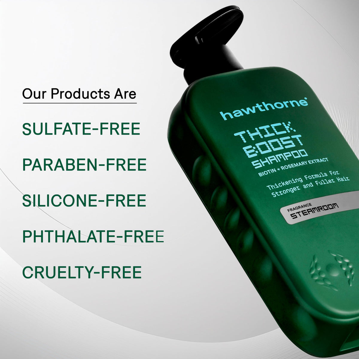 Hawthorne bottle in shower setting delivering invigorating eucalyptus-mint scent benefit