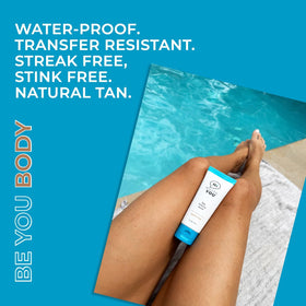 HBY legs poolside lifestyle image showing natural-looking, water-resistant tan