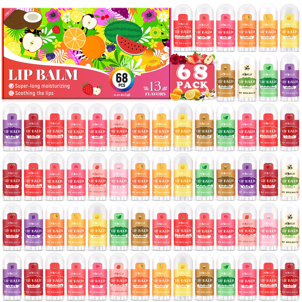 HCKLM front packaging showing 68 mini lip balms and variety — easy gifting