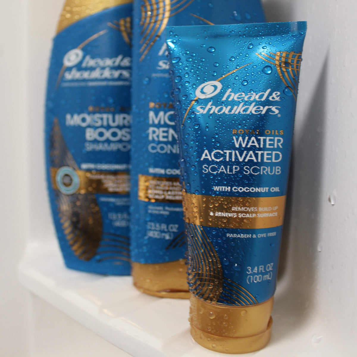Head & Shoulders scrub on bathroom shelf in lifestyle scene suggesting easy storage
