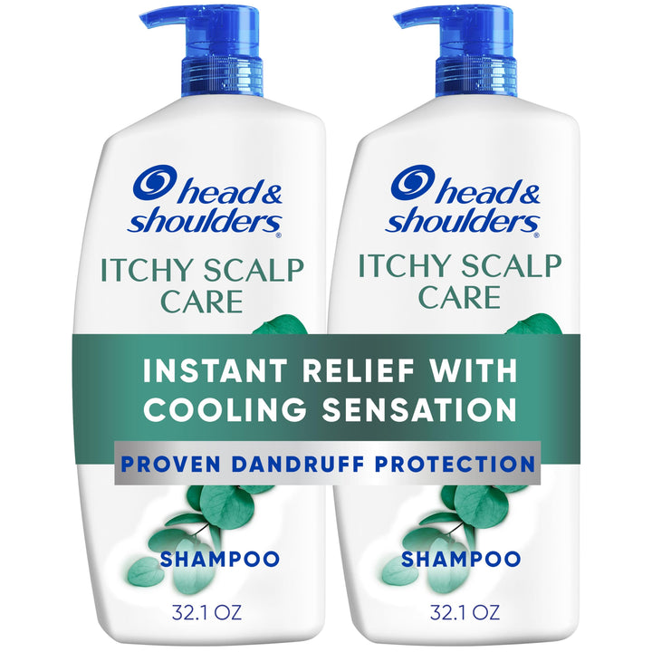 head & shoulders front packaging showing twin 32.1 fl oz bottles and benefits