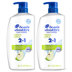 Head & Shoulders front packaging showing twin bottles and green apple scent benefit