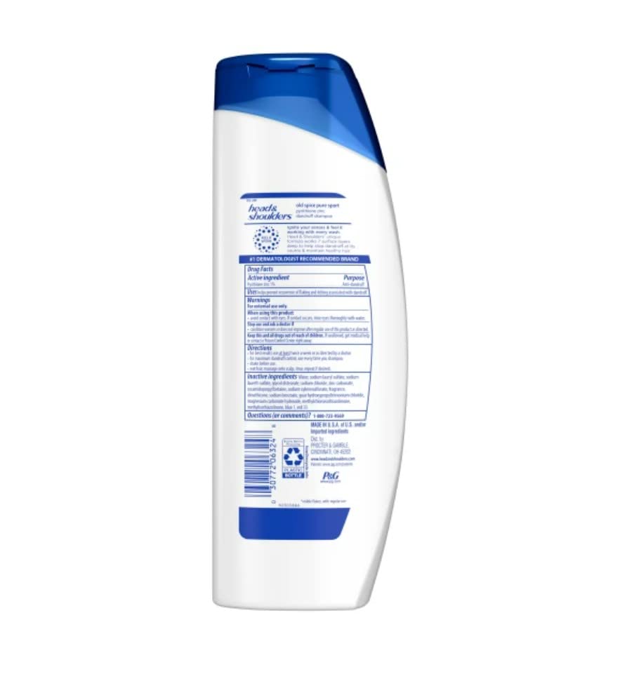 Head & Shoulders close-up label showing Old Spice Pure Sport scent