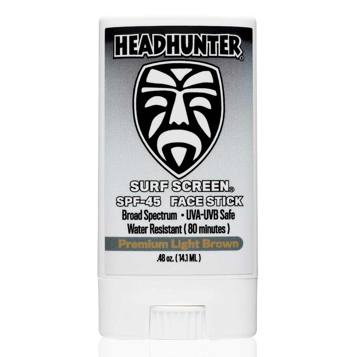 Headhunter face stick front view showing compact travel packaging and SPF label