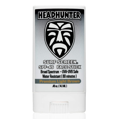 Headhunter face stick front view showing compact travel packaging and SPF label