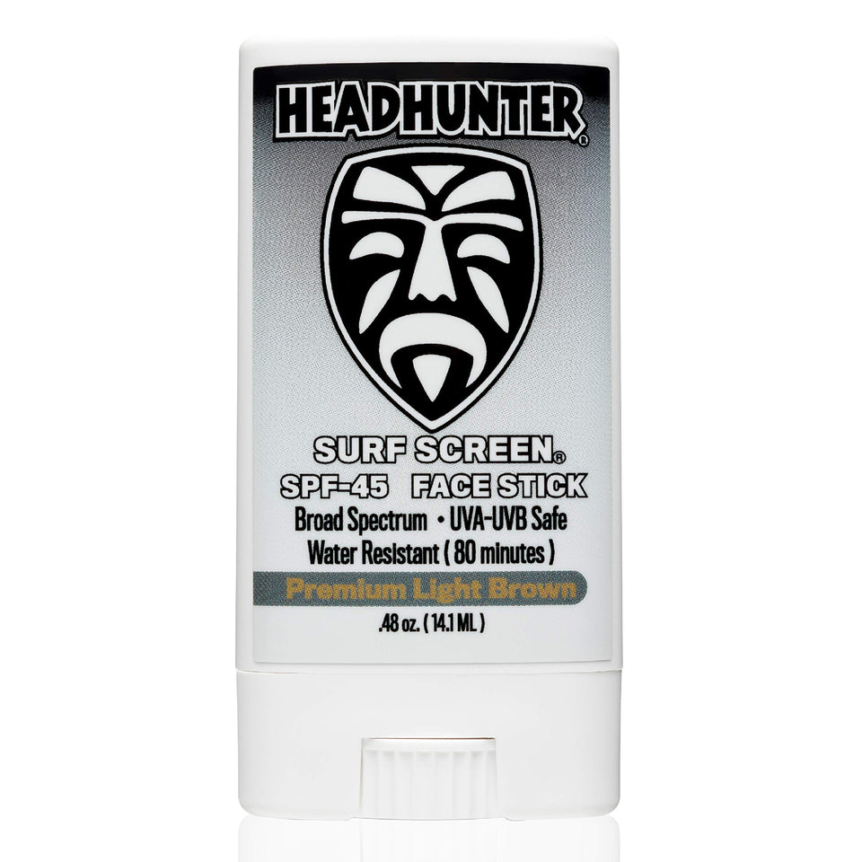 Headhunter face stick front view showing compact travel packaging and SPF label