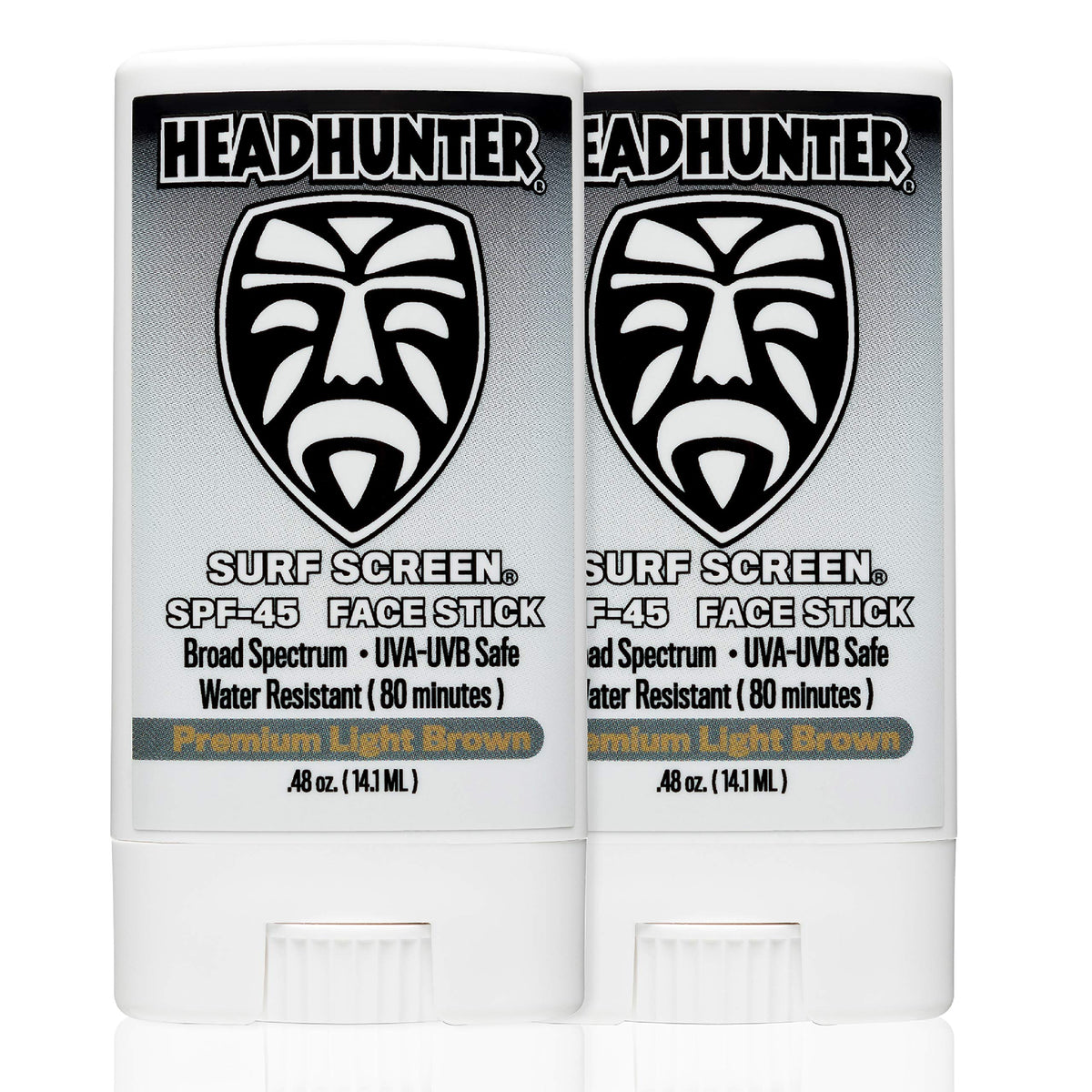 Headhunter front packaging showing two SPF 45 face sticks and compact design benefit