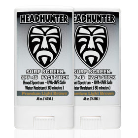 Headhunter front packaging showing two SPF 45 face sticks and compact design benefit