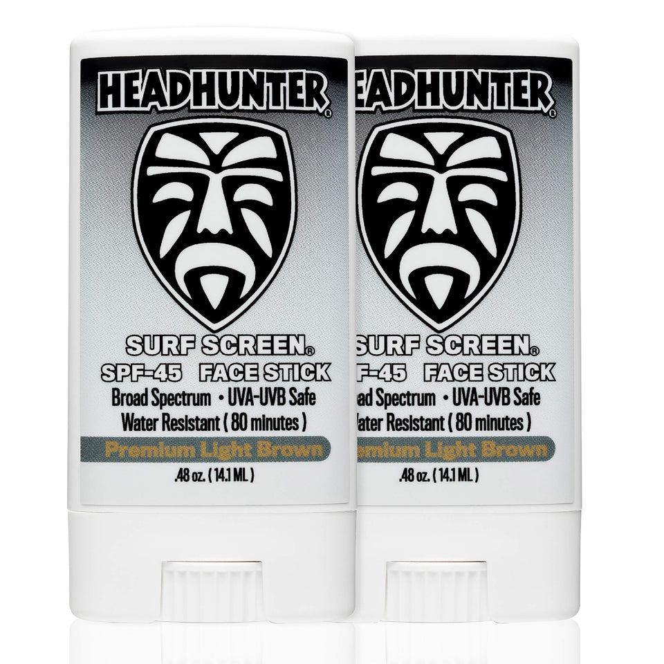 Headhunter front packaging showing two SPF 45 face sticks and compact design benefit