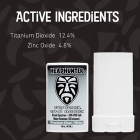 Headhunter label closeup listing titanium dioxide and zinc oxide actives