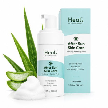 Heal by InnovaCorium front packaging showing travel-size bottle and pump, clear benefit
