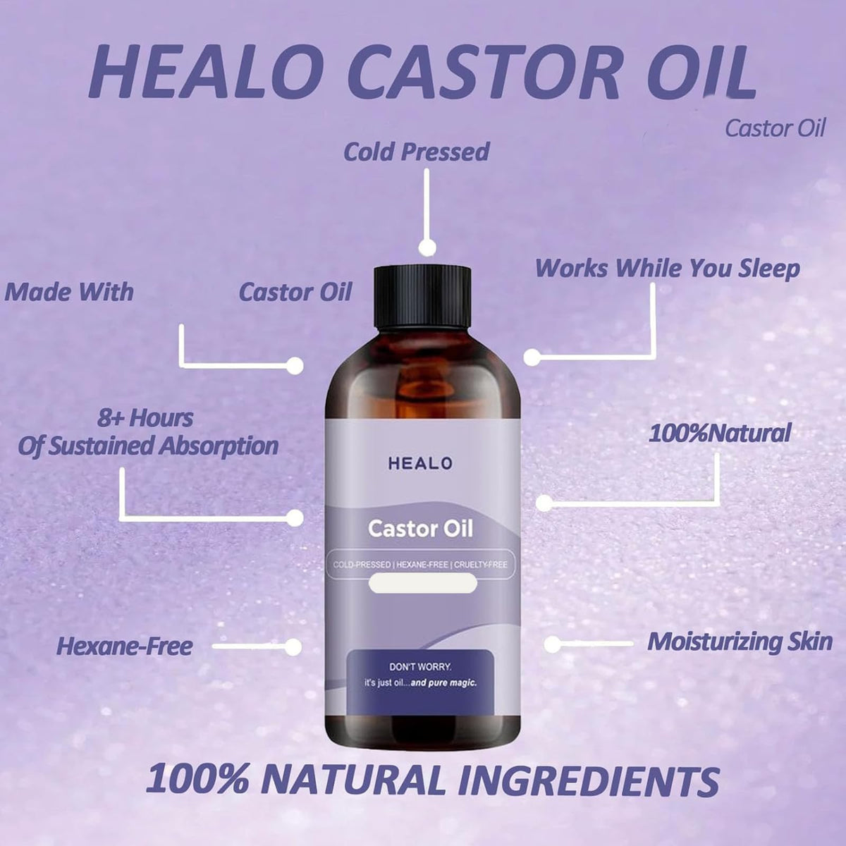 Healo castor oil bottle closeup highlighting the 100ml expeller-pressed oil