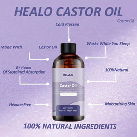 Healo castor oil bottle closeup highlighting the 100ml expeller-pressed oil
