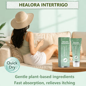 Healora Intertrigo cream beside a hand to show product size and easy, portable use