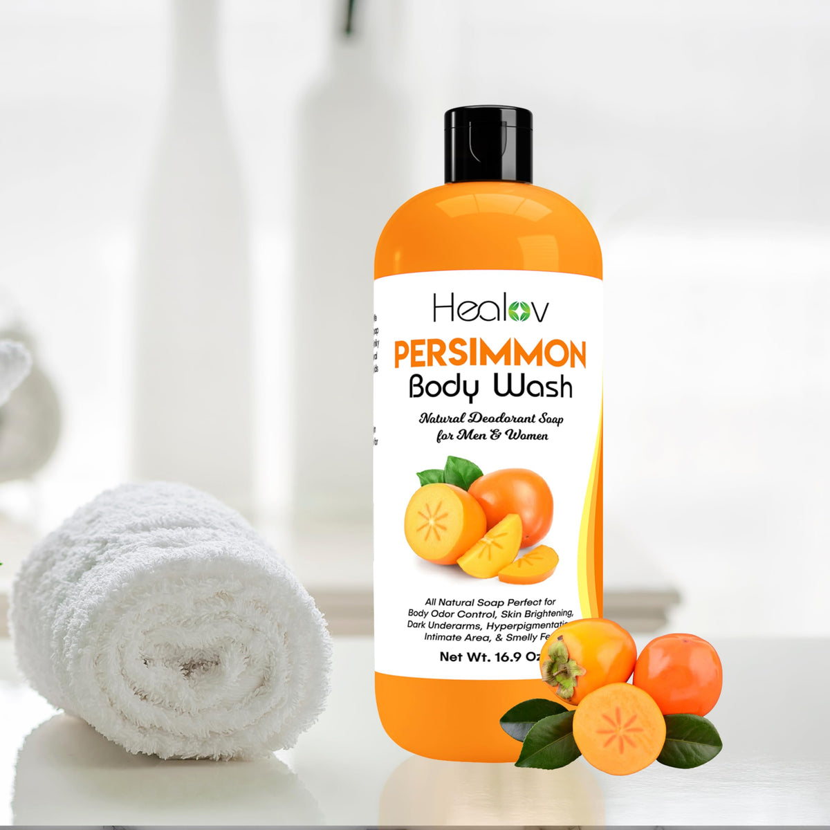 Healov persimmon soap on bathroom shelf in lifestyle setting for daily freshness benefit