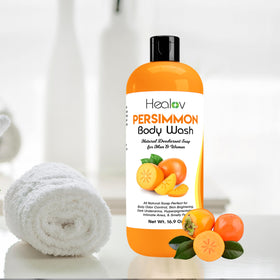 Healov persimmon soap on bathroom shelf in lifestyle setting for daily freshness benefit