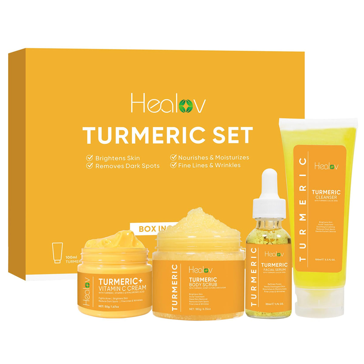 Healov boxed 4-piece turmeric skincare set displayed, shows complete routine benefits