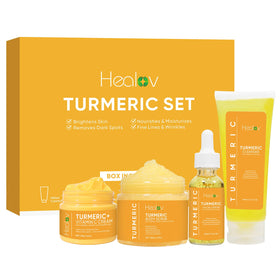 Healov boxed 4-piece turmeric skincare set displayed, shows complete routine benefits