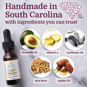 Health Priority Naturals bottle on vanity styling for organic self-care routine benefit