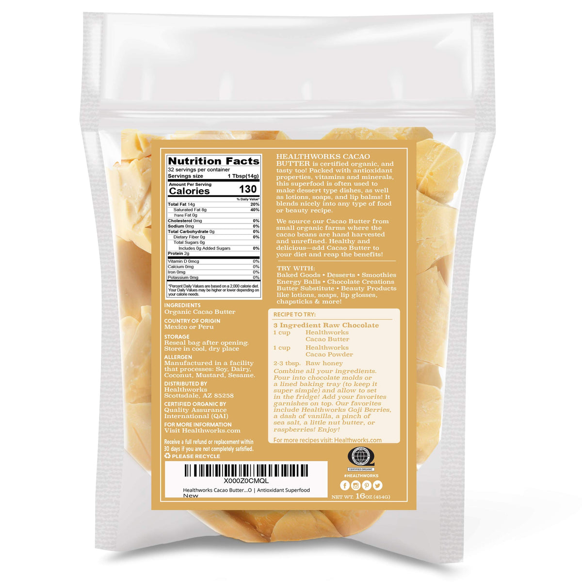 Healthworks Superfoods open 16 oz tub displaying creamy cacao butter for recipes