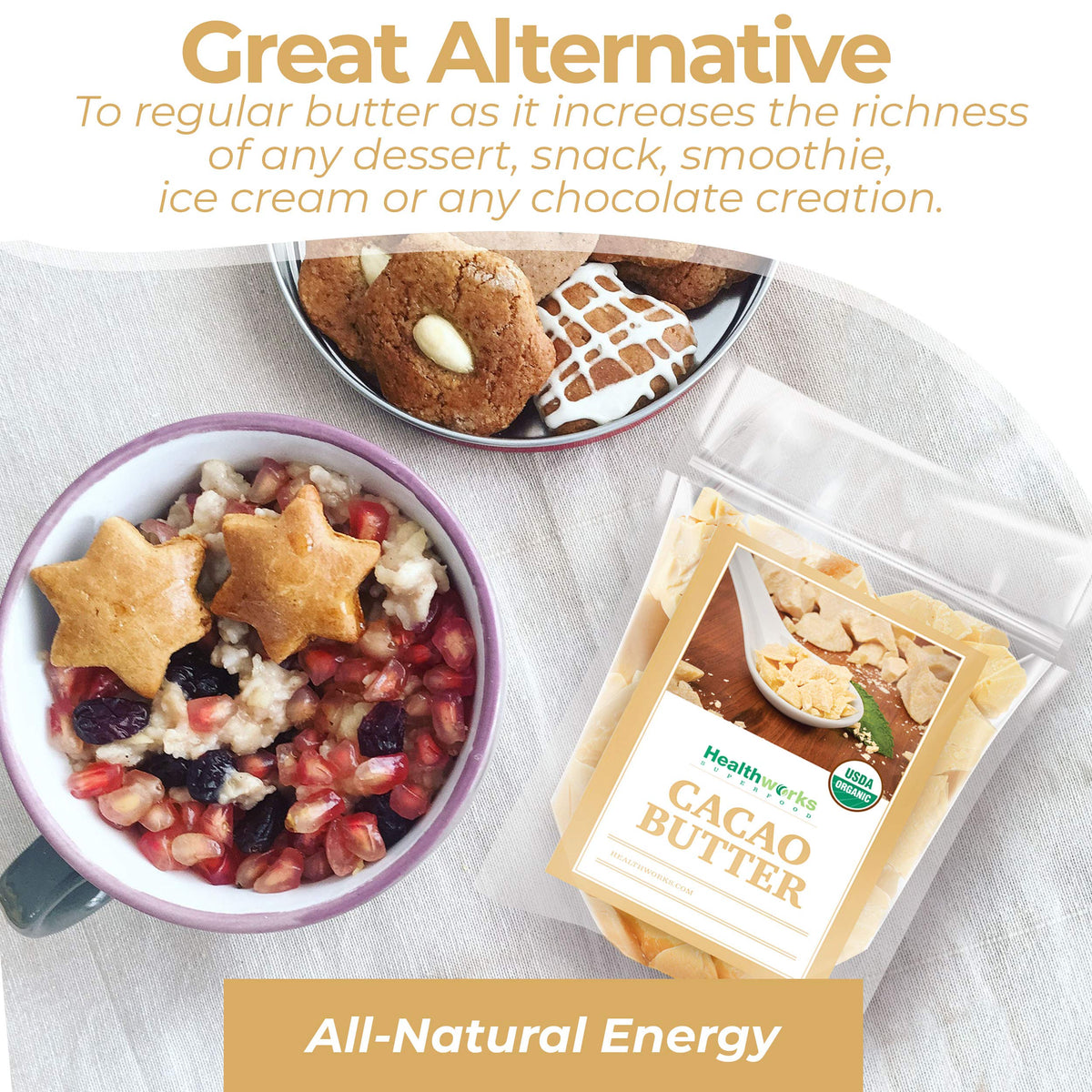 Healthworks Superfoods close-up texture of cacao butter highlighting silky consistency