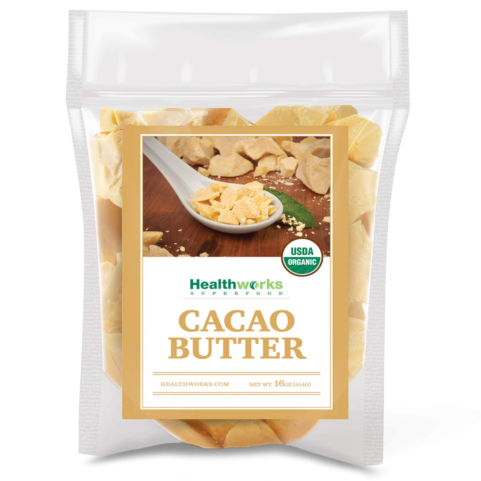 Healthworks Superfoods front packaging showing organic cacao butter benefit pantry staple