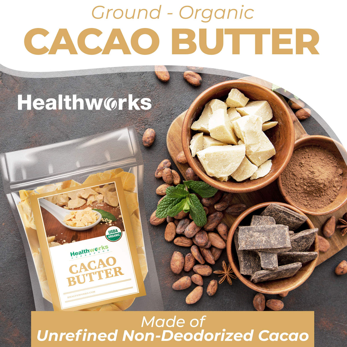Healthworks Superfoods melted cacao butter on spoon demonstrating easy melting for recipes