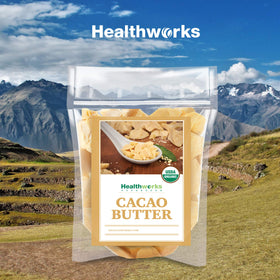 Healthworks Superfoods grated cacao butter showing workable flakes for faster melting