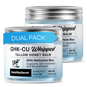 HealthyDerm front jar view showing blue balm and clear label benefit