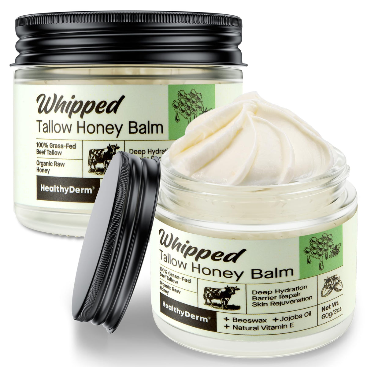 HealthyDerm front packaging showing two 2oz jars and product benefits