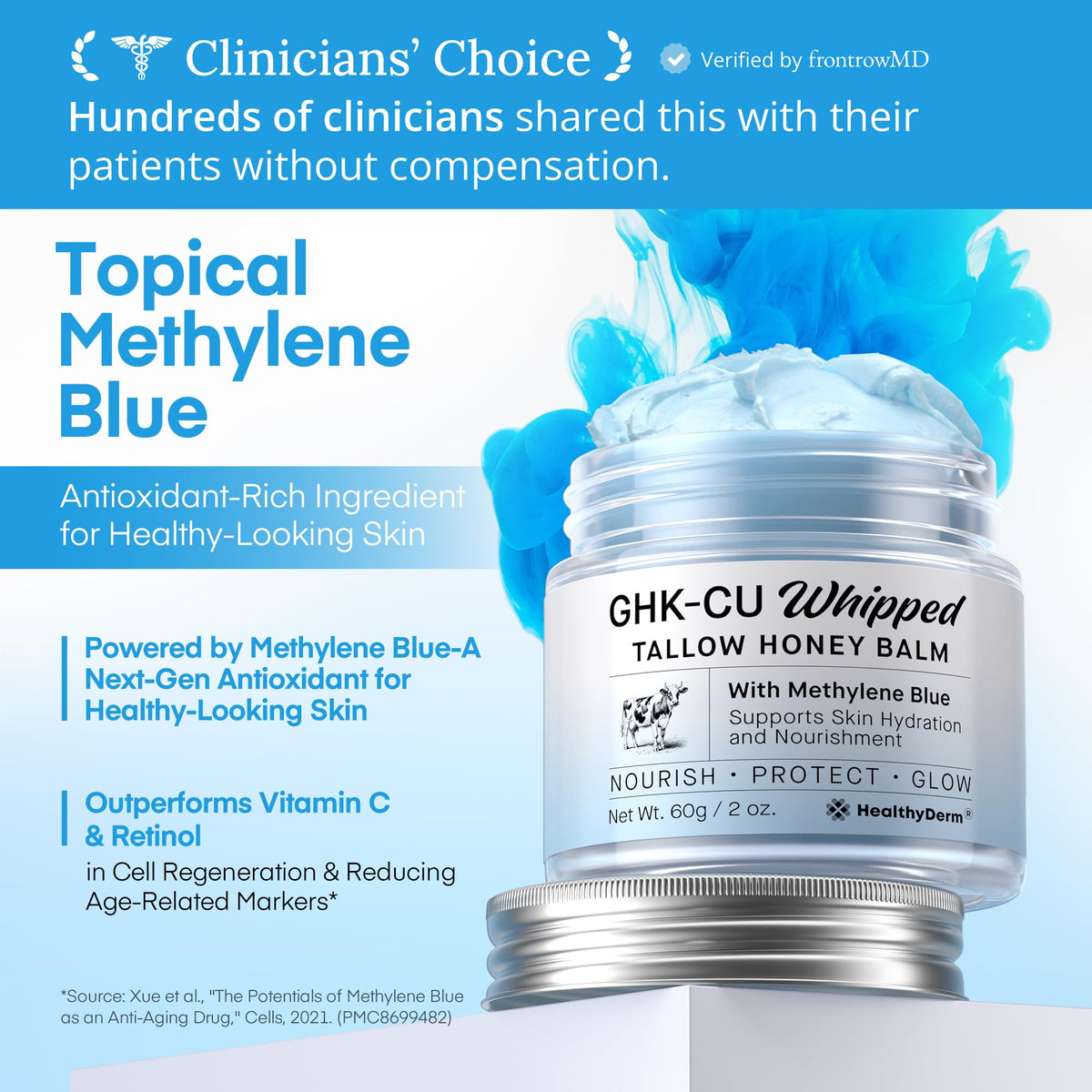 HealthyDerm jar opened to reveal blue balm and easy scoop application benefit
